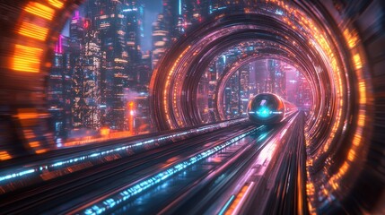 High-speed train in futuristic sky with alien worlds and neon city