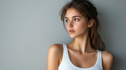 Fototapeta premium Beautiful brunette in white t-shirt doing breast self-examination Breast Cancer female breast, support, prevention, mammography, screening, oncology, cancer treatment.