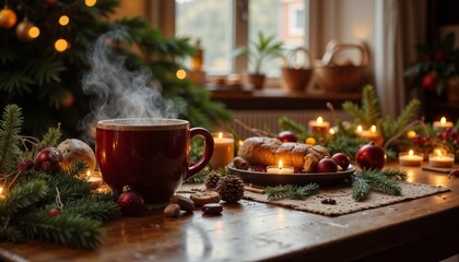 Cozy festive table with steaming mug, pastries, and warm candlelight