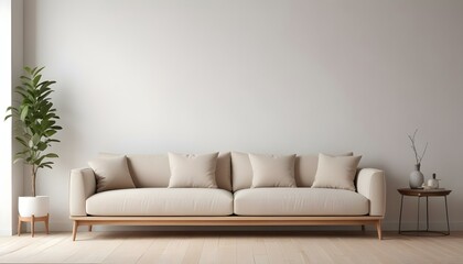 A modern, minimalist beige sofa with a wooden frame against a plain white wall.
