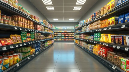 Brightly lit aisle, diverse snacks and beverages, extensive product range, no people.