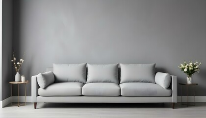 A modern, minimalist beige sofa with a wooden frame against a plain white wall.