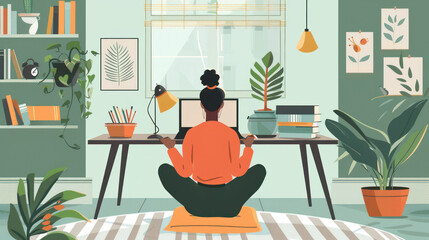 Fototapeta premium A remote worker maintaining a healthy routine, balancing work tasks with exercise, healthy meals, and mindfulness breaks throughout the day.