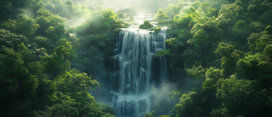 A stunning drone shot of a waterfall cascading down through lush, vibrant green foliage. The cinematic mist and soft lighting highlight the natural beauty of the scene.