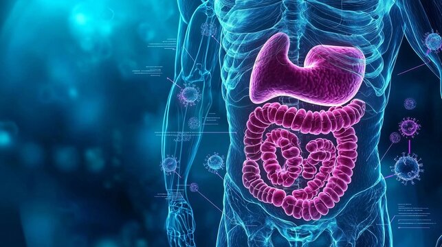 Human Digestive System Anatomy with Virus.