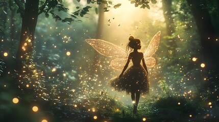A glowing fairy in a mystical forest, surrounded by sparkling fireflies.

