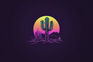 Minimalistic design with neon cactus and skull, graphics, simple shapes, black background, outline art style, digital illustration, flat colors