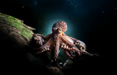 An octopus with eight tentacles is curled around a piece of driftwood. The octopus has brown skin and large eyes. The background is dark with a few white specks.