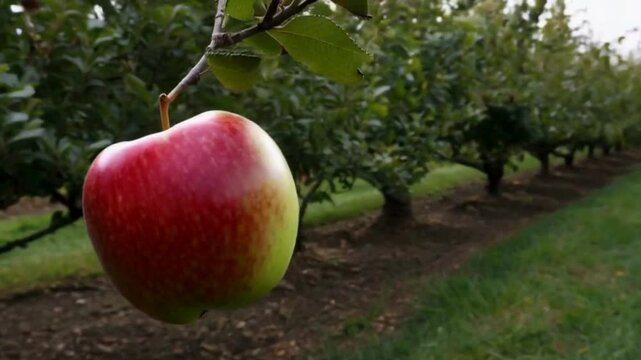 A Single Red Apple on a Tree Branch in an Orchard