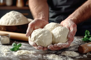 Fototapeta premium Masa de pan recién preparada, sostenida por un panadero con las manos cubiertas de harina. Al fondo, se ven ingredientes para hornear.