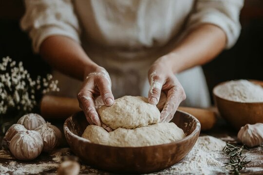 Una panadera sostiene un taz&oacute;n de madera lleno de masa cruda, lista para ser amasada. El ambiente es c&aacute;lido y hogare&ntilde;o, con ingredientes de panificaci&oacute;n alrededor.

