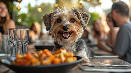 petfriendly event in city park community,welcoming attitude to small dogs happy woman enjoying her lunch,pet summer vibe,cheerful people pet friendly outdoor restaurant,cafe.stock image