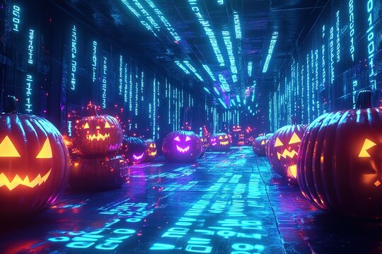 Halloween pumpkins surrounded by binary code, in the background is an office building with computer parts floating around it