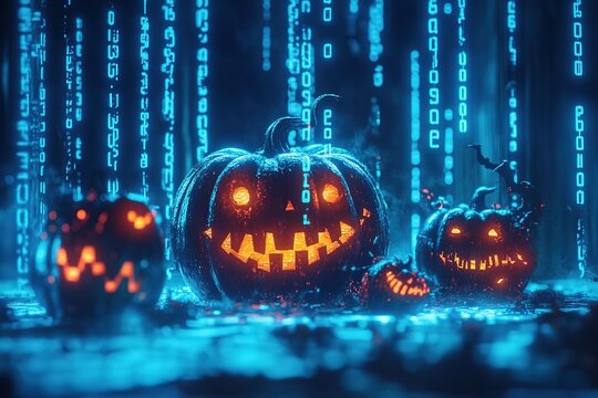 Halloween pumpkins surrounded by binary code, in the background is an office building with computer parts floating around it