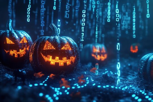Halloween pumpkins surrounded by binary code, in the background is an office building with computer parts floating around it