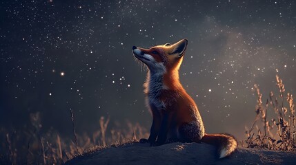 A happy little fox, sitting on a hill under a starry sky.

