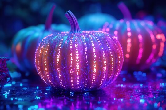 Halloween pumpkins surrounded by binary code, in the background is an office building with computer parts floating around it