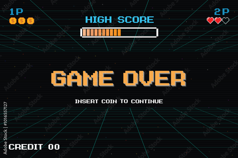 Wall mural game over insert a coin to continue .synthwave wireframe net illustration. pixel art .8 bit game. re