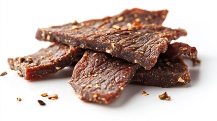 A pile of jerky slices on a white background, highlighting the spiced surface and dried texture.