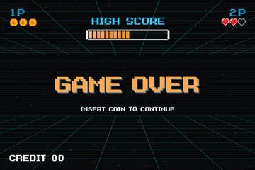 GAME OVER INSERT A COIN TO CONTINUE .Synthwave wireframe net illustration. pixel art .8 bit game. retro game. for game assets .Retro Futurism Sci-Fi Background. glowing neon grid. and stars.