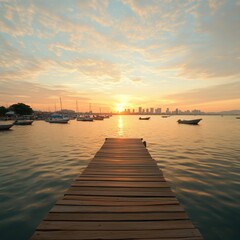 Fototapeta premium Serene Sunset at Bali Hai Pier in Pattaya, Thailand with City Skyline and Docked Boats