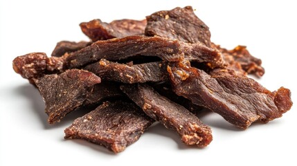 A pile of jerky slices on a white background, highlighting the spiced surface and dried texture.