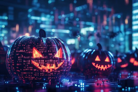 Halloween pumpkins surrounded by binary code, in the background is an office building with computer parts floating around it