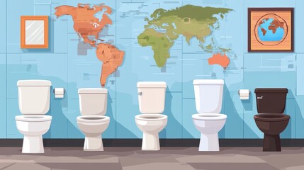 Restroom features various toilet designs beside a colorful world map and decorative frames