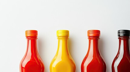 A sleek arrangement of ketchup, mayonnaise, and mustard bottles standing symmetrically on a clean white background, showcasing the vibrant colors of each condiment.