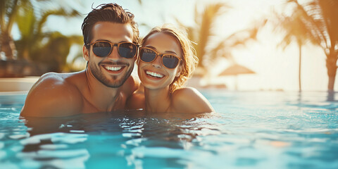 Smiling happy couple having fun together in resort swimming pool. summer vacation, getaway travel. banner with copy space