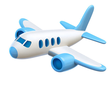 Flying plane icon. Cute, cartoon 3d realistic white airplane with blue portholes and wings, perspective view