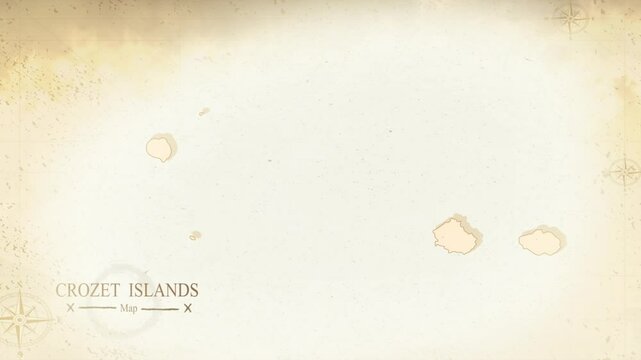 Map of Crozet Islands in the old style, brown graphics in retro fantasy style, perfect for intro or video presentation. High quality 4K video.