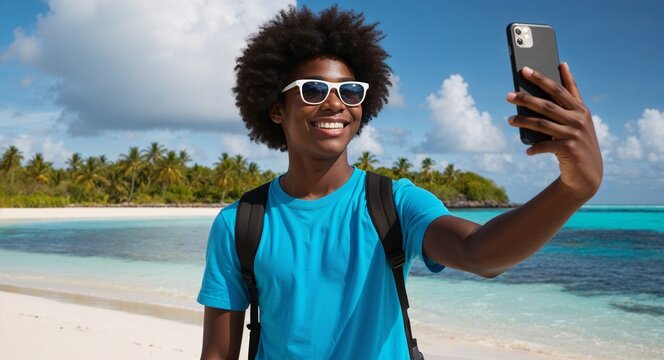 Cheerful Black teenager taking selfies on a tropical island