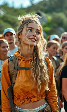 A female tour guide converses with a party of visitors
