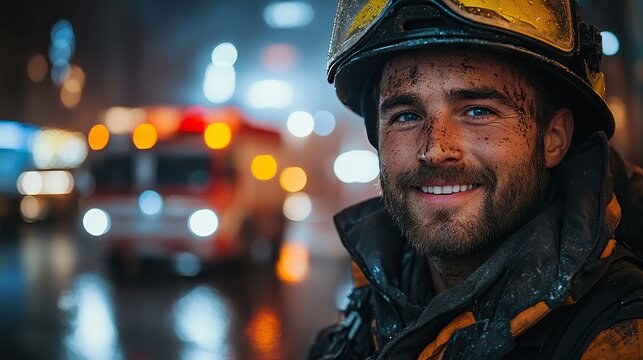 portrait of dirty firefighter man on duty,fire truck in background at night smiling.create by F.a