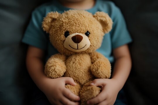 closeup of Cute little girl hugging a teddy bear Safe Toys and Gifts Month concept