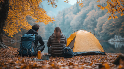 Couple camping in autumn, sitting near a tent with backpacks by a scenic lake, enjoying the peaceful nature.
