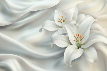 Fototapeta premium Abstract white background with a three-dimensional flower. A white lily on a textured surface, an elegant and delicate wallpaper design for wall art or a mural. 