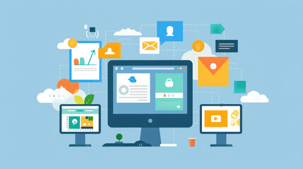 A remote work setup with multiple collaboration tools displayed on a screen, including chat apps, project management software, and cloud storage.