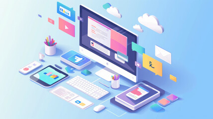 Obraz premium A remote work setup with multiple collaboration tools displayed on a screen, including chat apps, project management software, and cloud storage.