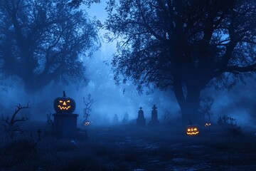 A spooky graveyard with foggy trees, glowing jack-o'-lanterns, and ghostly figures in the background