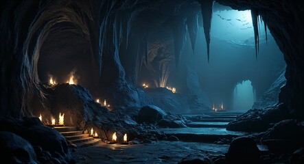 Dark cavern illuminated by flickering lights and ominous shadows