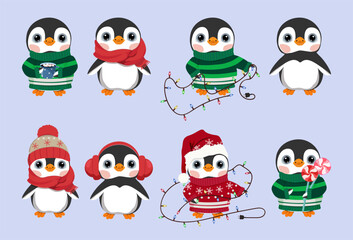 Set of cute Christmas penguins on isolated background. Vector illustration.