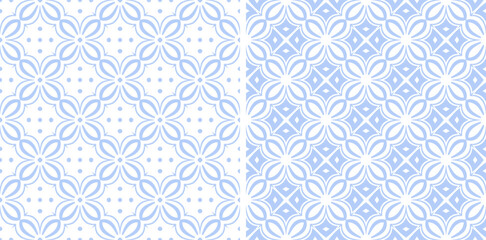 Set of Seamless Geometric Diagonal Checked Light Blue Patterns. 