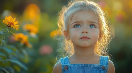 portrait of small girl outdoors in garden crying.create by F.a