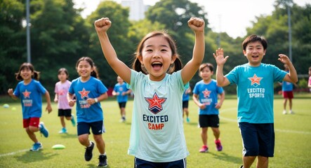 Excited Asian girl participating in a summer sports camp