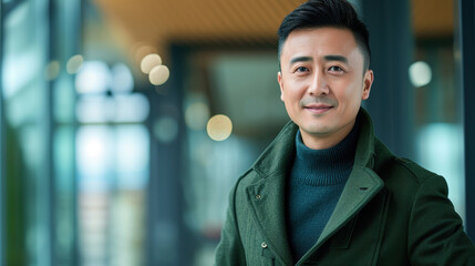 Smiling Chinese marketing executive in business attire, professional and confident