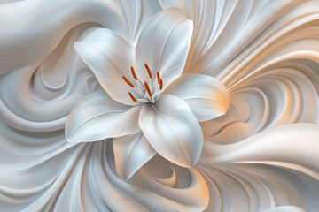 Abstract white background with a three-dimensional flower. A white lily on a textured surface, an elegant and delicate wallpaper design for wall art or a mural. 
