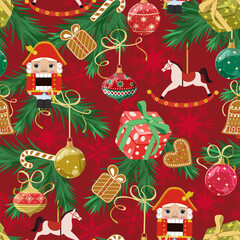 Christmas seamless pattern with Nutcrackers, New Year's toys on the Christmas tree on a red background. For kids apparel, home design, wrapping paper