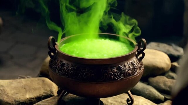 A close-up of a bubbling cauldron with green smoke swirling above it.